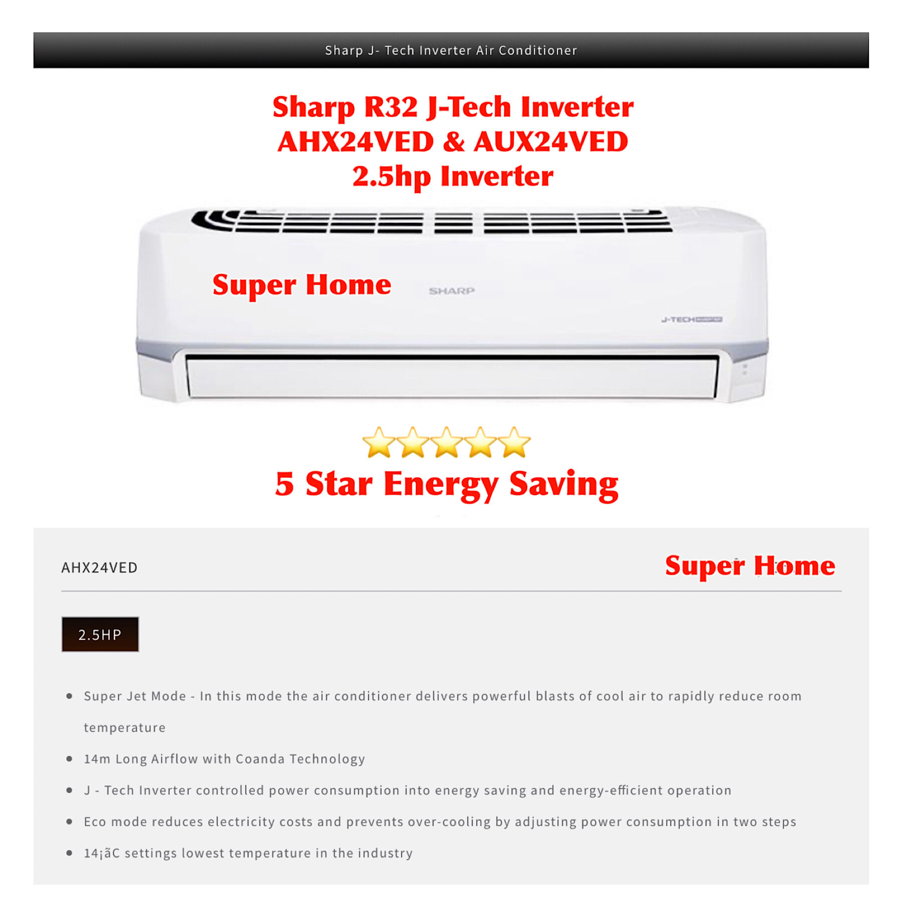 Sharp J Tech Inverter Aircond 1 0hp 2 5hp R32 J Tech Standard