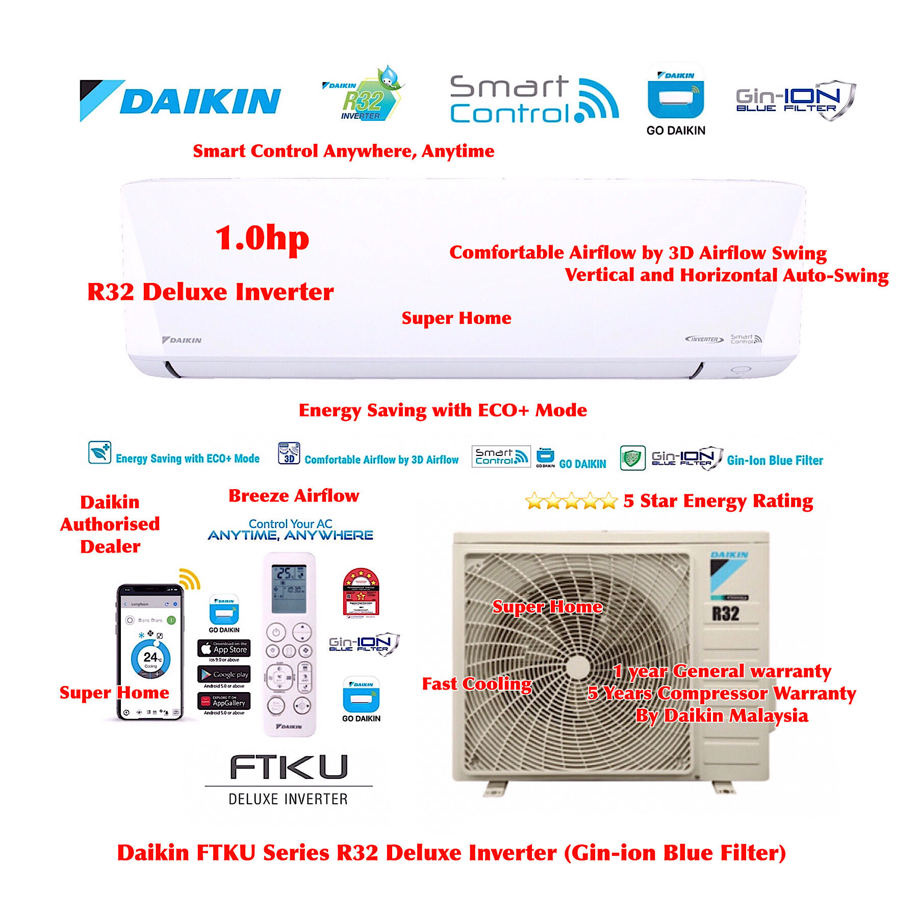 Daikin R Deluxe Inverter Aircond Hp Hp Ftku Series Ftku B