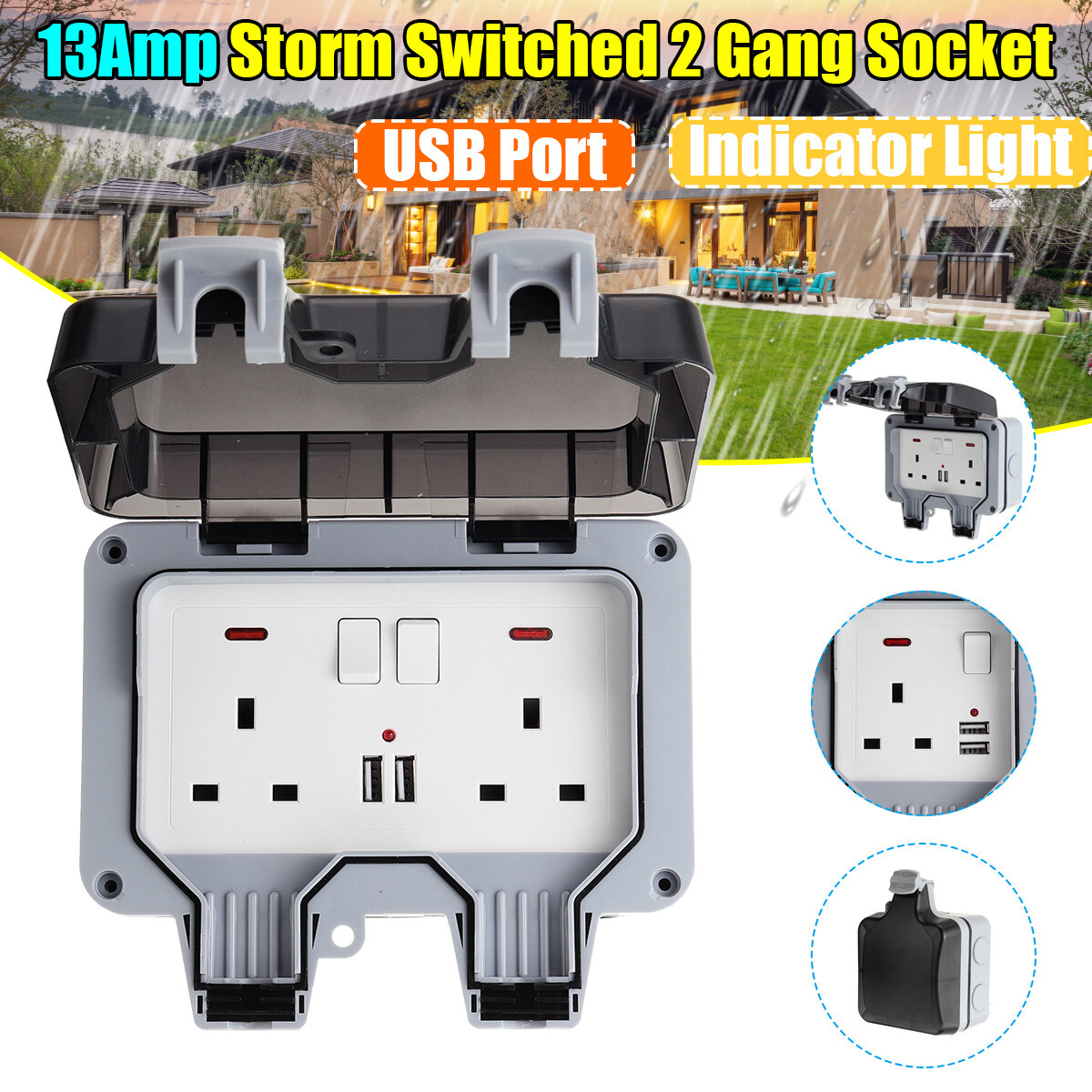 Generic Double Waterproof Outdoor Storm Switched Gang Socket