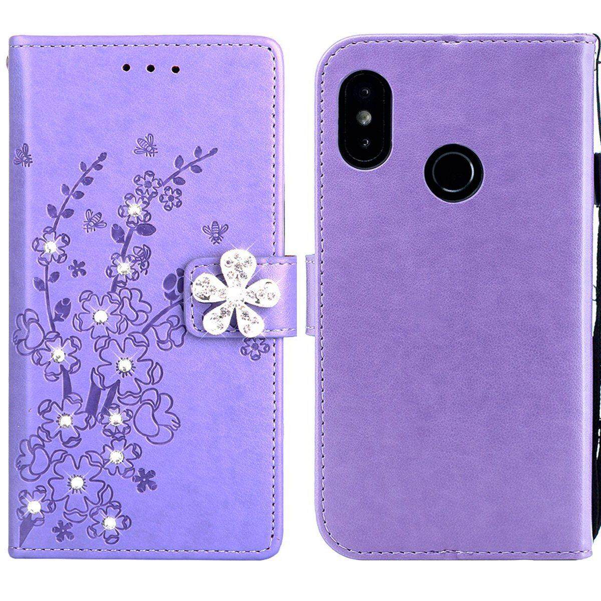 Xiaomi Serta A2 Lite Case, mewah Bling Rhinestone Prem Blossom Timbul Slim Magnetik Kulit PU Bumper Memutar dengan Slot Kartu Tempat Stan Berdiri untuk Xiaomi Serta A2 Lite/Redmi 6 pro