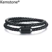 Kemstone Genuine Leather Stainless Steel Double Layer Magnetic Buckle Black 39CM Bracelet For Men Jewelry Gifts