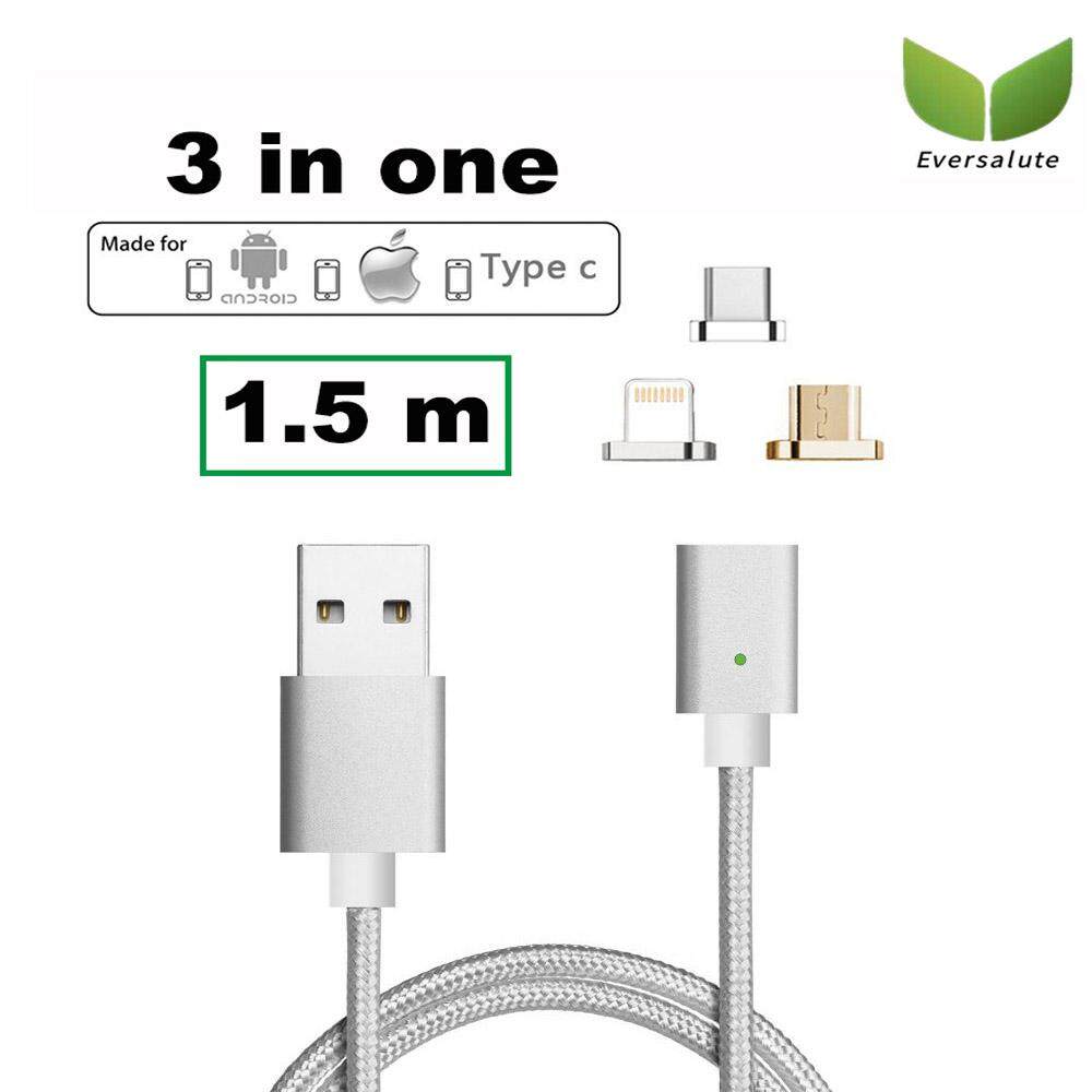 Eversalute Upgrade Version Lightning+USB C+Micro USB 3 in 1 Nylon Braided USB2.0 Magnetic Charging Cable For both Android Smartphone and iPhone（1.5m,1pack)