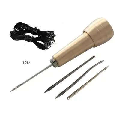 (Special offer)4 Needles Copper Handle Sewing Awl Hand Stitcher Shoe Repair Tool with 12m Nylon Cord Thread in Black for DIY Sewing Repairing Canvas Leather