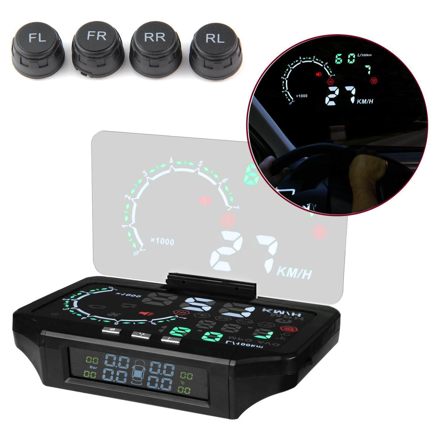 EGO CAR 2 ใน 1 สมาร์ท TPMS HUD CAR Universal ความดันยาง Monitor Head Up Dis - เล่นจริง - 4 ความดันและอุณหภูมิ - INTL