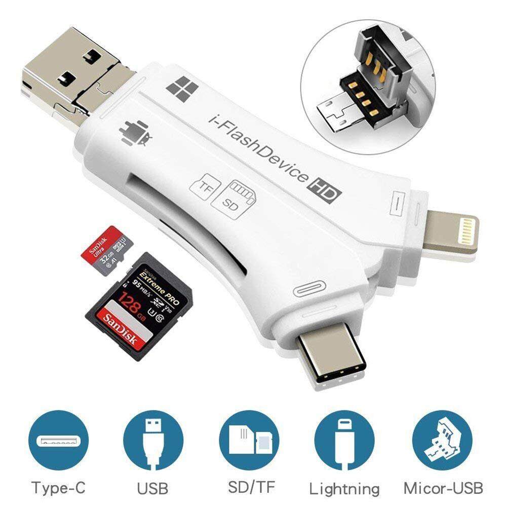 【ว่าง】【สหรัฐอเมริกา Stock 】 F1 4 In 1 iPhone/Micro Usb USB Type-C/เอสดีการ์ดยูเอสบีสำหรับ iPhone iPad Mac และ Android, SD และ Micro SD, PC