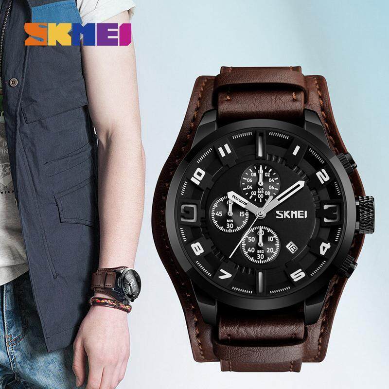 SKMEI New Men Fashion Quartz Watches Leather Strap Watch Three Dial Business Waterproof Wristwatches Male Clock 9165