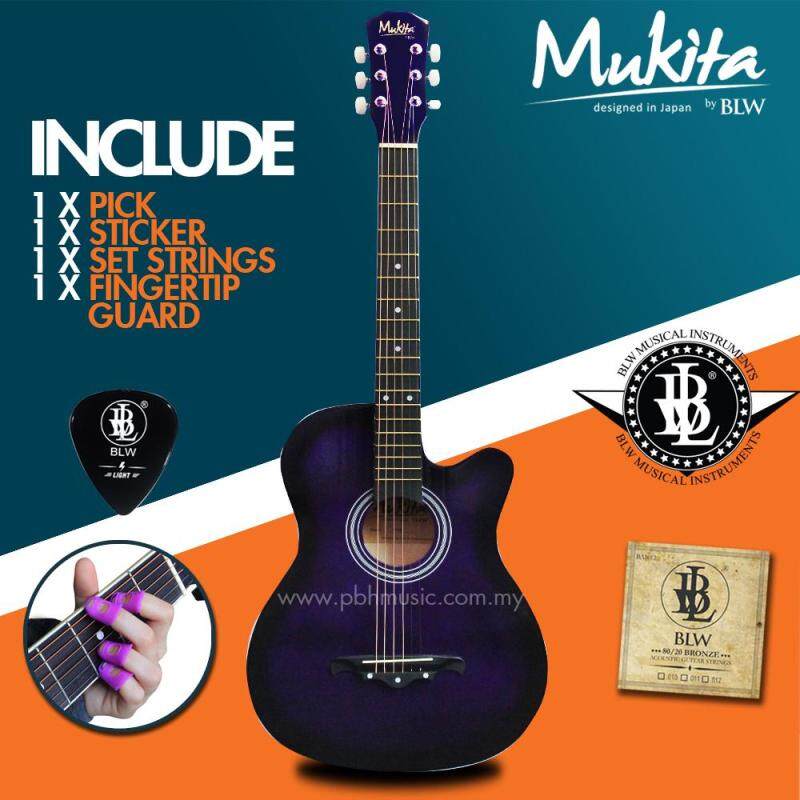 Mukita by BLW Standard Acoustic Folk Cutaway Basic Guitar Package 38 Inch for beginners with String Set, Fingertip Guard, Pick and Merchandise Sticker (Purple) Malaysia