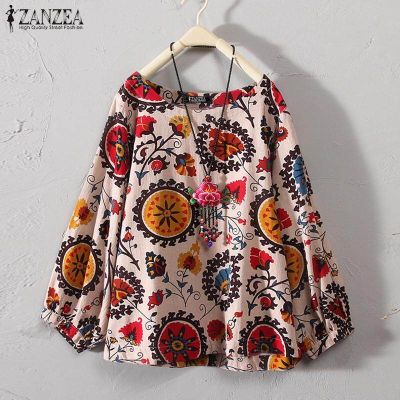 Z anzea ผู้หญิงลำลองขนาดพิเศษย้อนยุคเสื้อโบโฮเสื้อยืดเสื้อยืดพิมพ์ดอกไม้ชาวนาเสื้อ