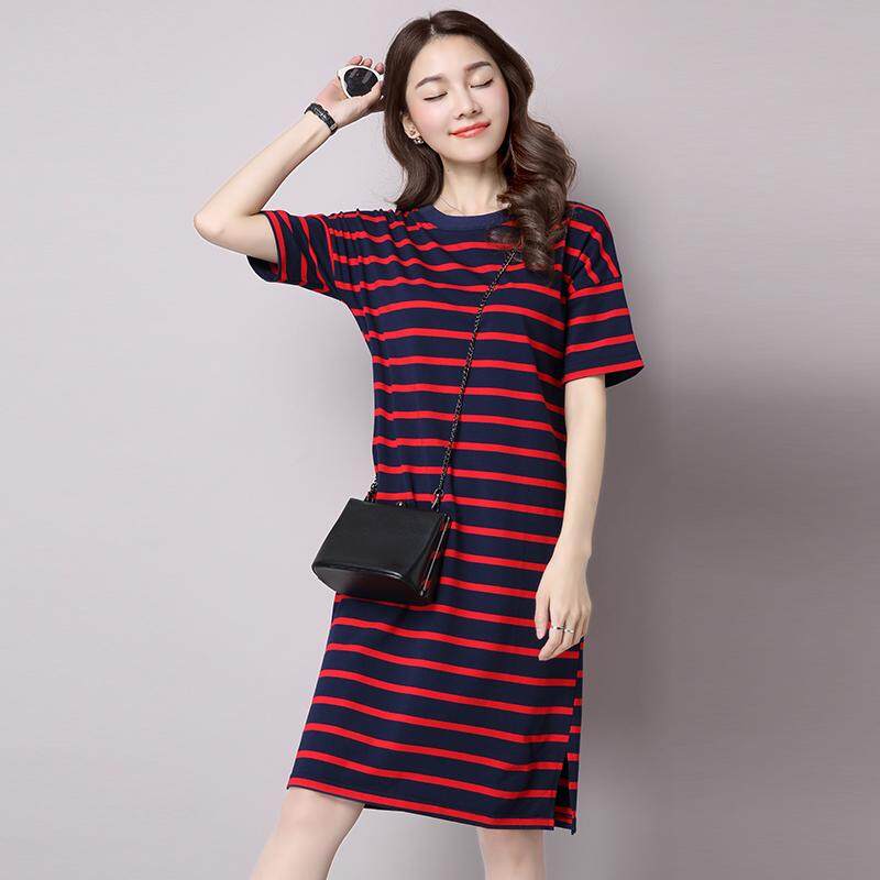 2018 musim panas baju wanita longgar lengan pendek baju Kaos Gaun panjang Bawahan Gaya Korea model setengah panjang katun murni motif garis Terlihat Langsing Gaun