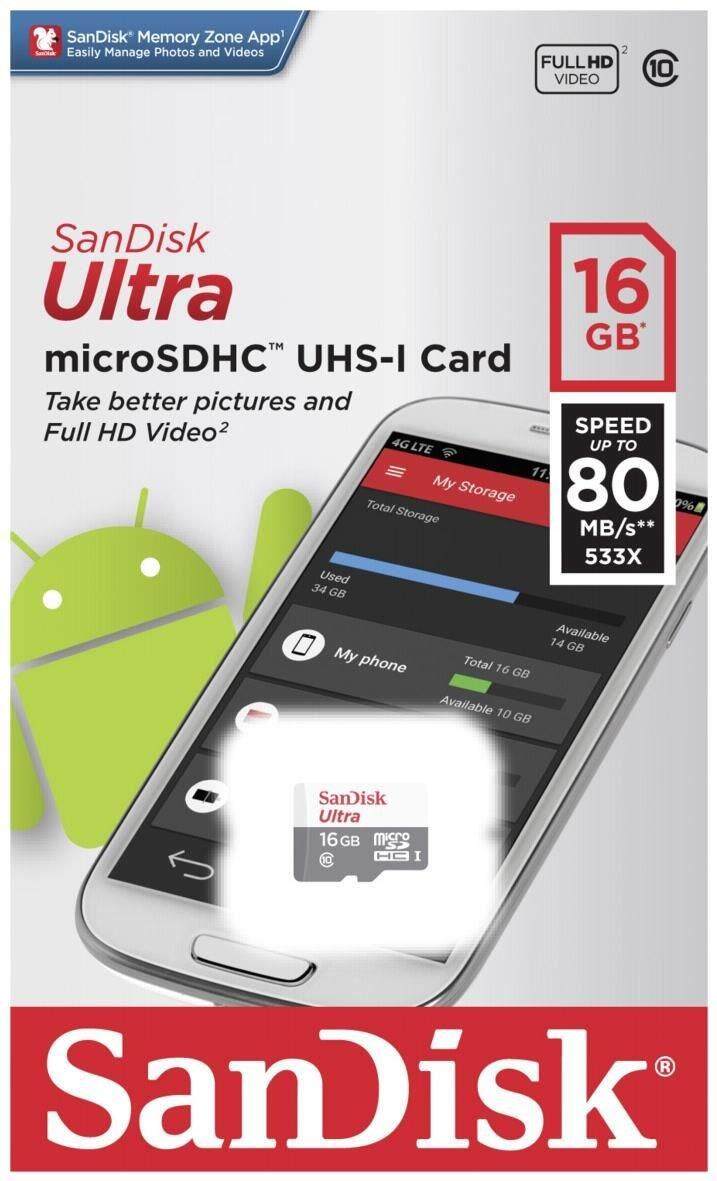 SanDisk Ultra Micro SD Memory Card 16GB 80MB/s Class 10 UHS-I 533x mic