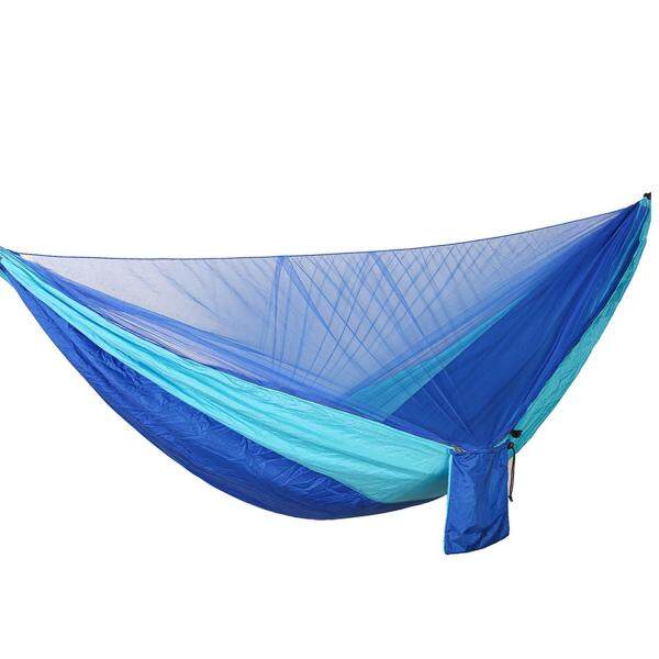 Portable Outdoor Hanging Swing Double Hammock Bed with Pop-up Mosquito Net for Camping Backpacking Hiking Travel 114 x 55 Inch Blue
