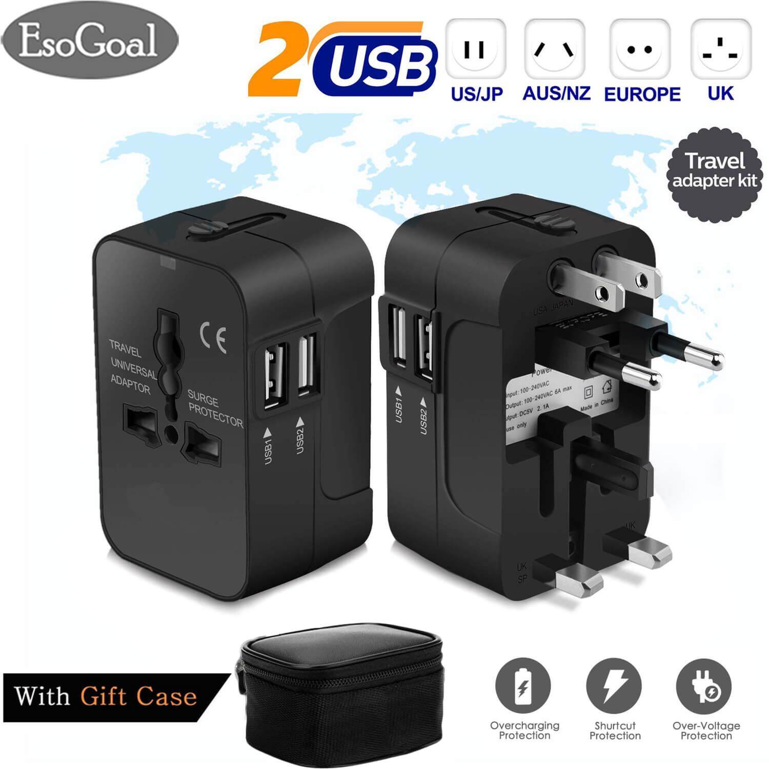 EsoGoal Bộ Chuyển Đổi Du Lịch Nhiều Ổ Cắm Bộ Chuyển Đổi Du Lịch Gắn Tường Đa Năng Quốc Tế Với 2 Cổng Sạc USB Bộ Chuyển Đổi UK/USA/EU/AUS Trên Toàn Thế Giới Bộ Sạc Cho Máy Tính Xách Tay, Điện Thoại, Máy Tính Bảng Và Nhiều Hơn Nữa