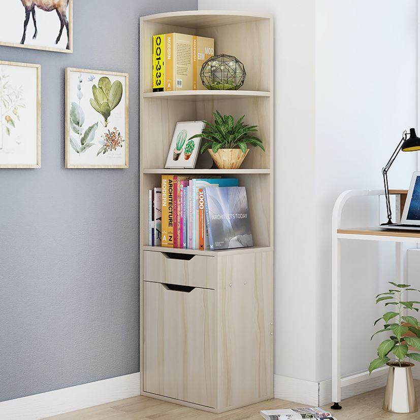 Wooden 3Tier Corner Storage Shelves with Drawer and (Almond