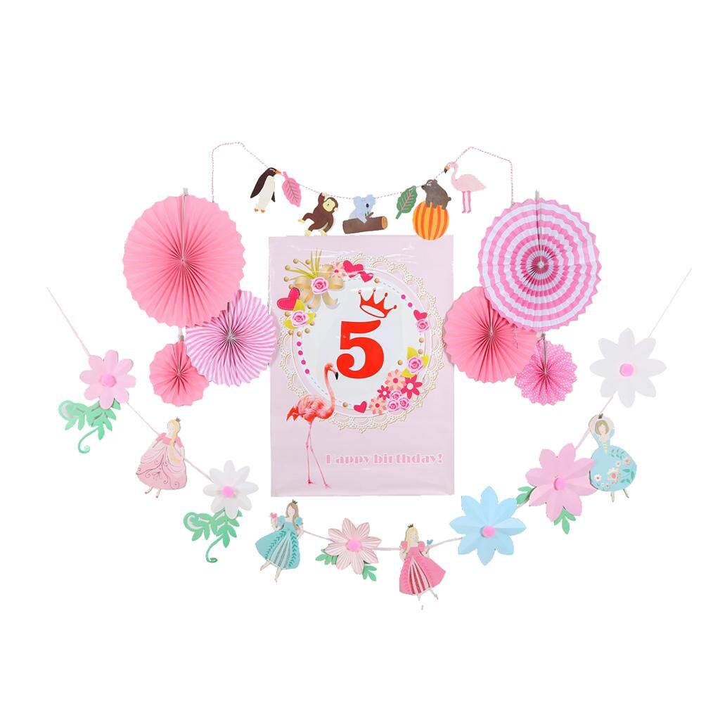 BolehDeals Numbers Ages 1 to 8 Happy Birthday Poster Paper Fan Flower Fairy Flower Animal Banner Set Baby Shower Birthday Party Decorations