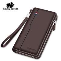BISON DENIM fashion brand men wallets genuine leather long zipper purse large capacity credit card holder wallet