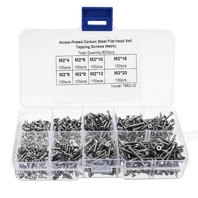 Suleve 800Pcs M2CP1 M2 Carbon Steel Flat Head Self Tapping Screw Nickel Plated Wood Screw Kit