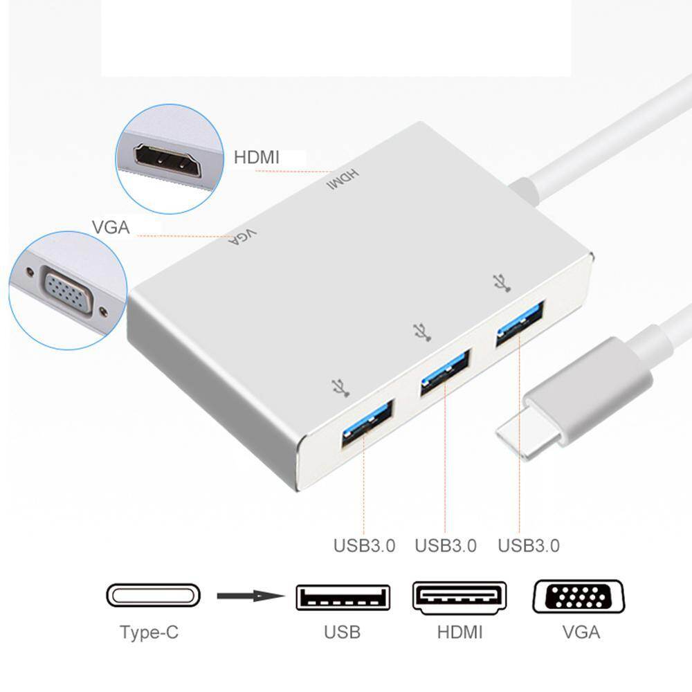 Goodgreat TYPE-C Ke HDMI + VGA + USB3.0 Adaptor TYPE C untuk VGA HDMI 4 K Alat Konversi UHD Adaptor Dual Tampilan Layar -Intl