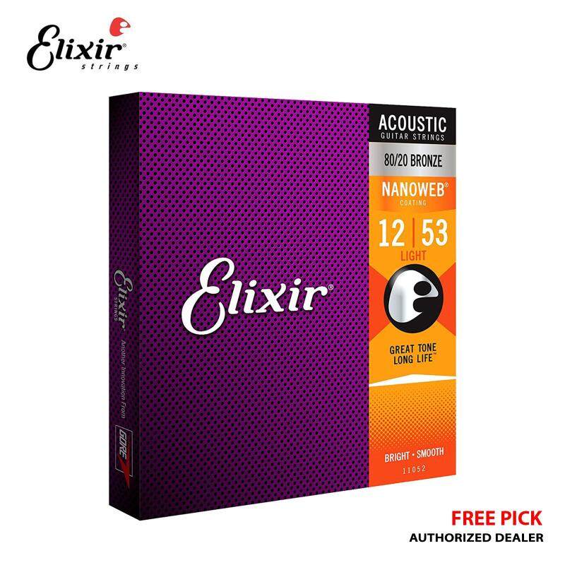 Elixir 11052 80/20 Bronze Acoustic Guitar Strings with NANOWEB Coating (Light) + Free Pick Malaysia