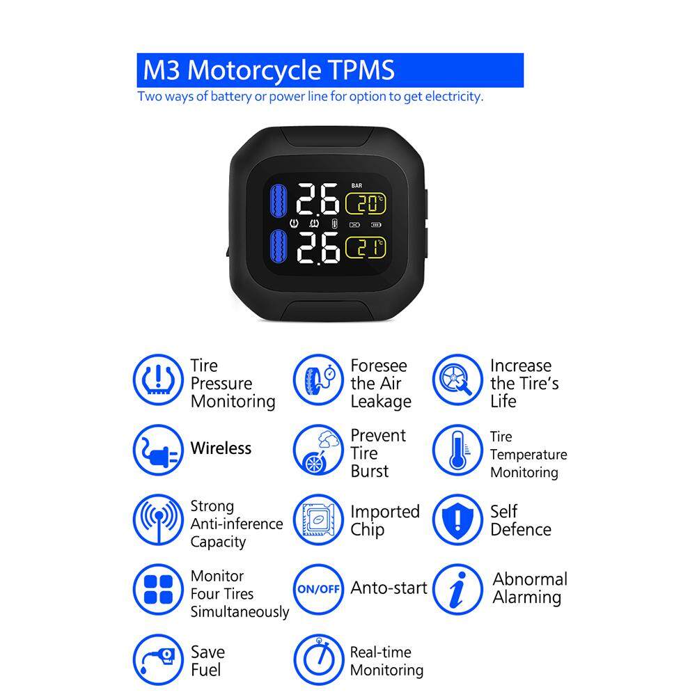 Outops M3 รถจักรยานยนต์แรงดันยาง TMPS เครื่องวัดความดันลมยาง 2 เซนเซอร์ภายนอกหน้าจอไร้สาย LCD Moto Auto ยางรถยนต์เตือนระบบ