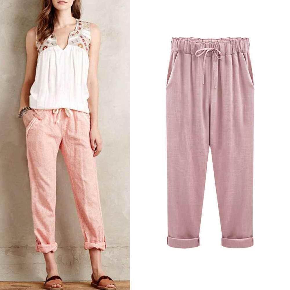 Versea 2018 New Loose Wide Leg Pants Women Casual Trousers Solid Color Linen Vintage Cropped Pants Oversize Plus Size