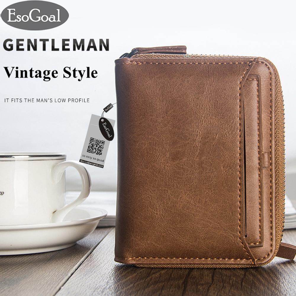EsoGoal Mens Zipper Wallets Retro PU Leather Money Credit Cards ID Window Large Card Wallet Bifold Pocket Purse with Detachable Card Holder