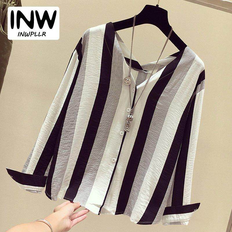Inwpllr nữ thời trang cao cấp và áo thun dài tay hàn quốc thời áo sơ mi sọc nữ áo voan áo thu đông nữ cao cấp