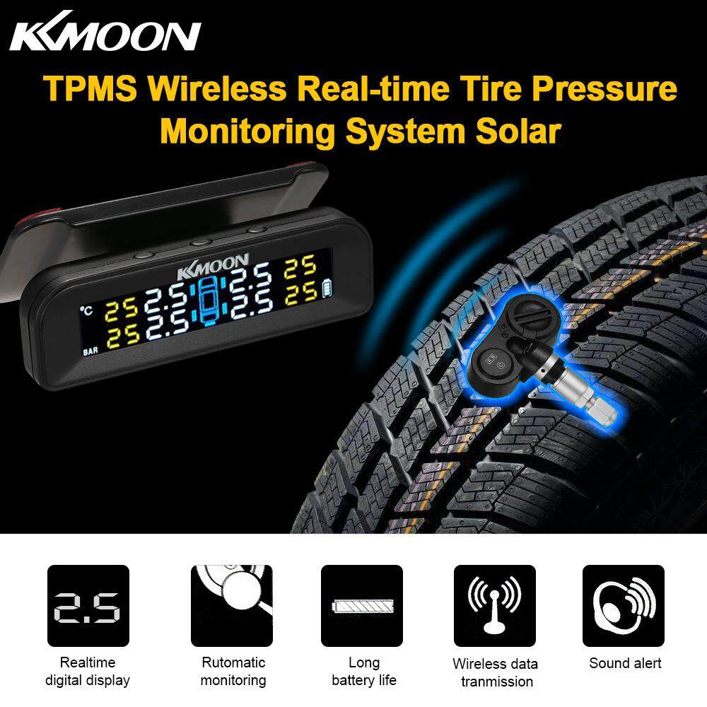 KKmoon TPMS ไร้สาย Real - time การตรวจสอบแรงดันยางรถยนต์ระบบพลังงานแสงอาทิตย์ที่มีหน้าจอ LCD ใส 4 เซ็นเซอร์ภายในฟังก์ชั่นปลุก