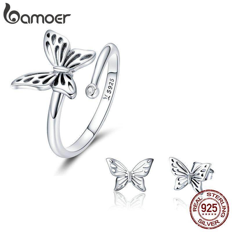 BAMOER Miễn Phí Vận Chuyển Bộ Trang Sức Bạc Ý 925 Thật Tháng 10 Bộ Trang Sức Nhẫn & Hoa Tai Hình Bướm Cổ Điển Trang Sức Đính Hôn Đám Cưới SCE452