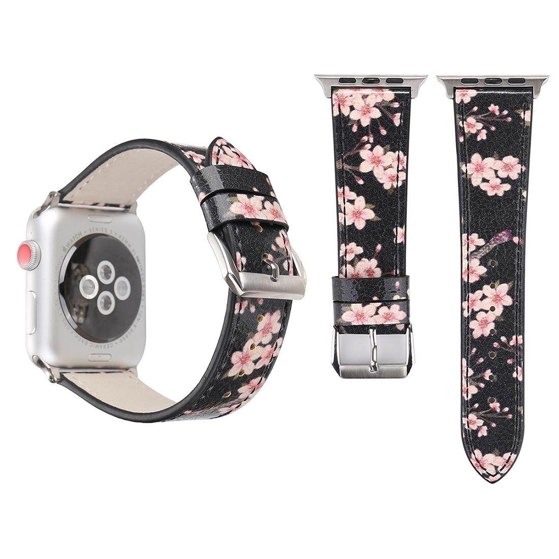 Fashion Plum Blossom Pola Asli Kulit Pergelangan Tangan Gelang Jam untuk Apple Watch Series 3 & 2 & 1 38 Mm (hitam)