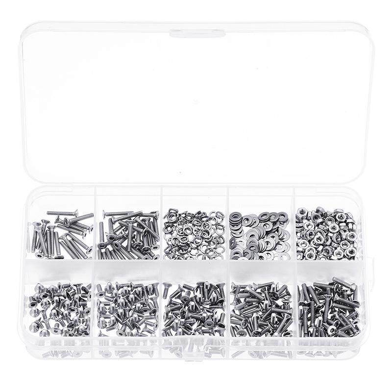 Suleve M2SSH1 600pcs M2 304 Stainless Steel Hex Socket Screws Bolt With Hex Nuts Washers Assortment