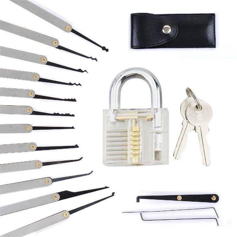 Rhs ổ khóa huấn luyện trong suốt trực tuyến + 15 chiếc bộ khóa móc bằng thép không gỉ dụng cụ thợ khóa