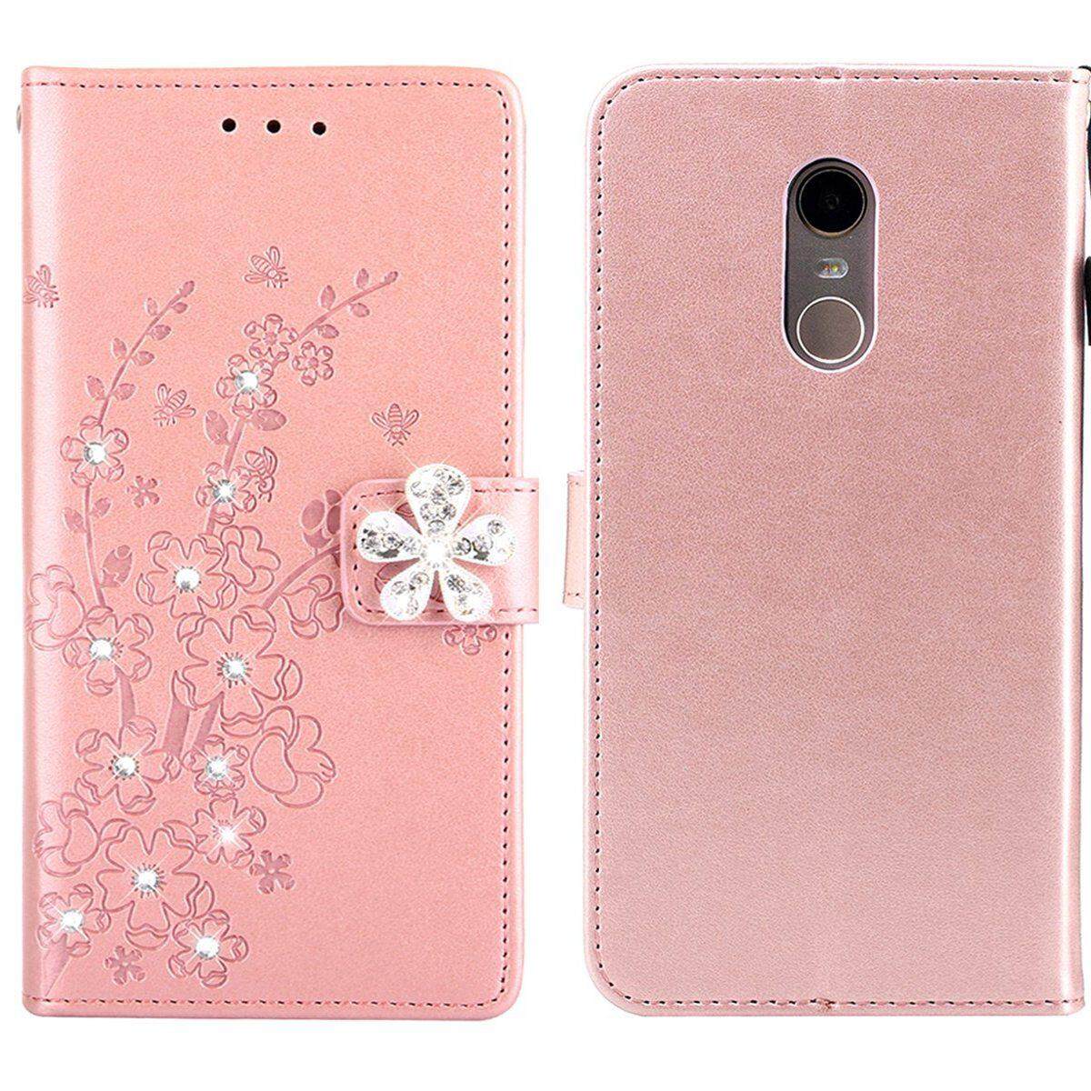 Redmi Note 5 Case, mewah Bling Rhinestone Prem Blossom Timbul Slim Magnetik Kulit PU Bumper Memutar dengan Slot Kartu Tempat Stan Berdiri untuk Xiaomi Hongmi Note 5/Redmi 5 Plus