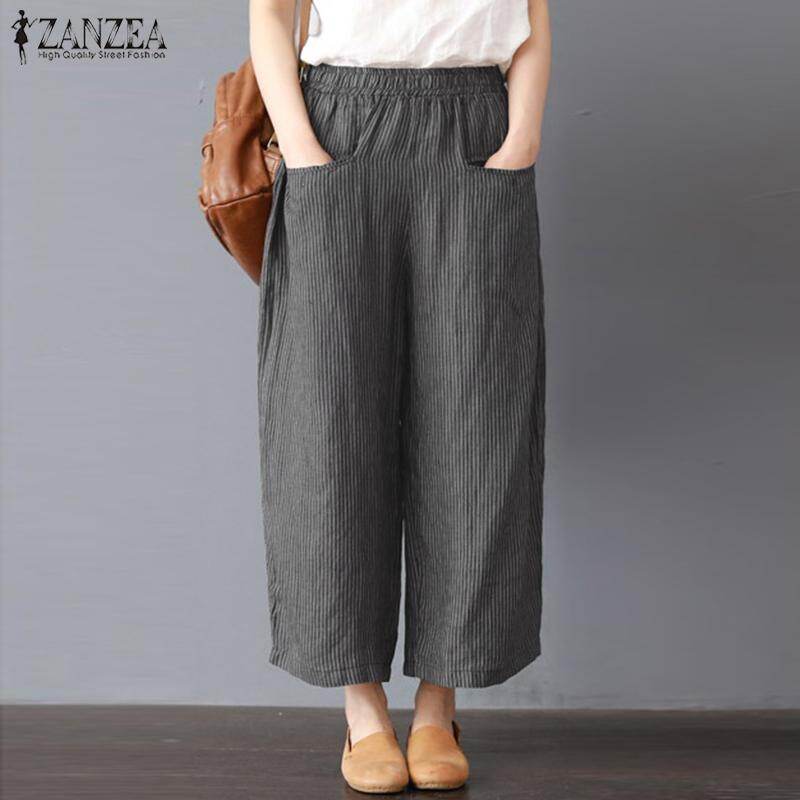 ZANZEA S-5XL Women Casual Pants Wide Legs Oversize Stripe Elastic Waist Trousers ZANZEA S-5XL Women Casual Pants Wide Legs Oversize Stripe Elastic Waist Trousers