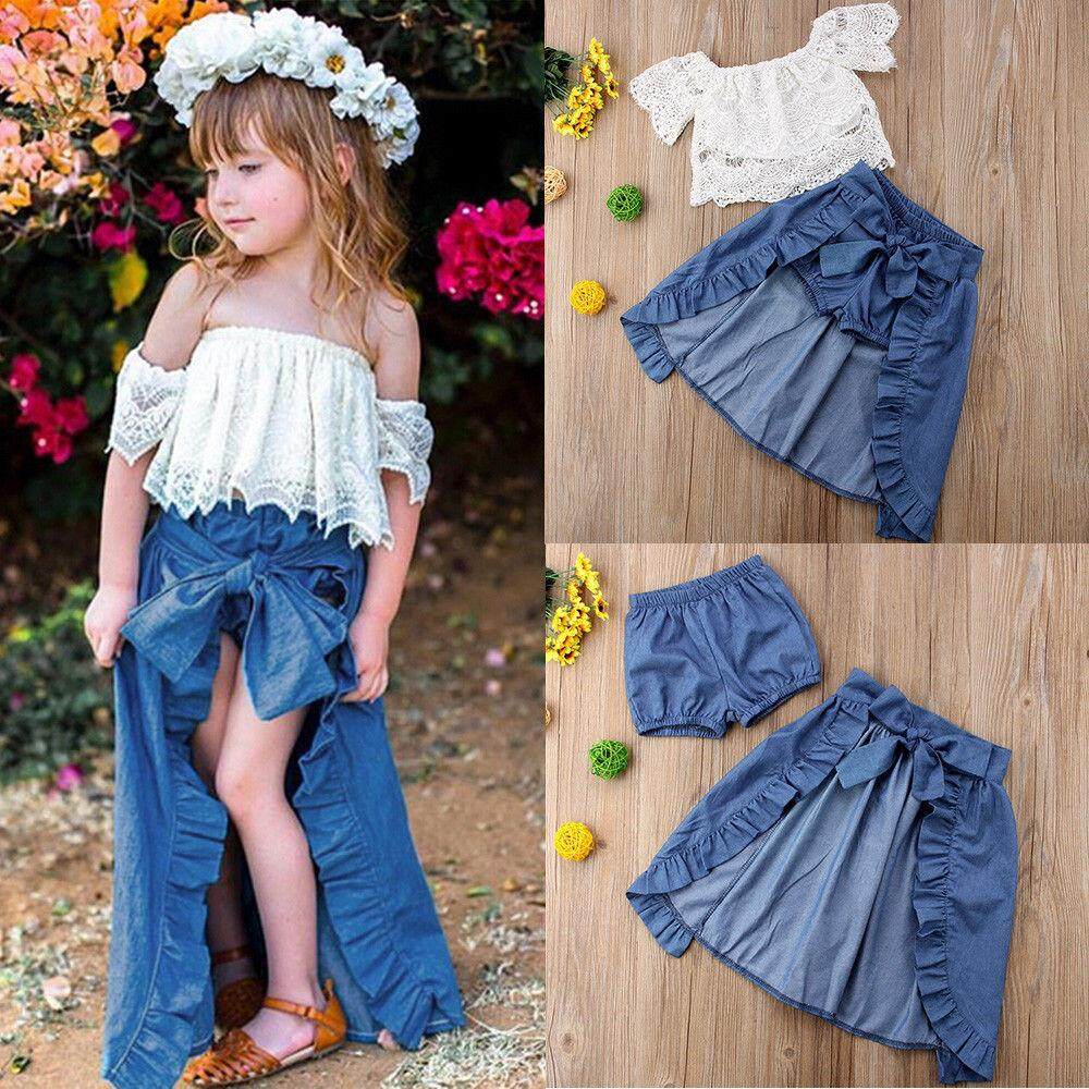 Kids Girls Baby Summer Beach Outfit Off Shoulder Crop Top + Denim Pants Set Casual  Clothes