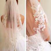 Fang Fang 1T White Ivory Lace Appliques And Rhinestone Bridal Veil with Comb Wedding Veil