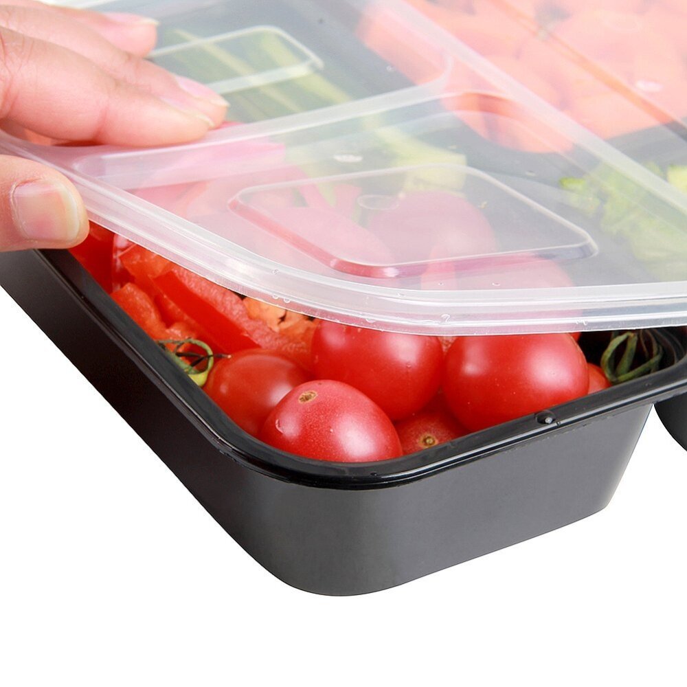 200 Sets of 3 Compartment Takeaway Lunch Box Bento Boxes with Lids