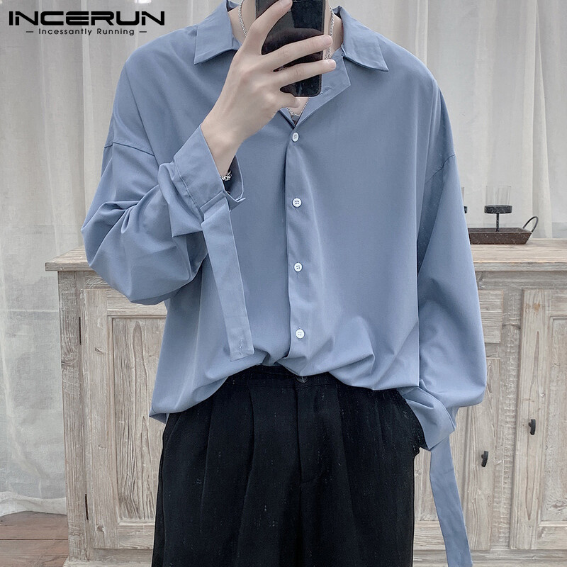 (Phong Cách Hàn Quốc) INCERUN Áo Sơ Mi Nam Ngắn Tay Trang Trọng Áo Sơ Mi Cổ Rộng Vừa Vặn Thường Ngày Áo Cánh Ngày Lễ