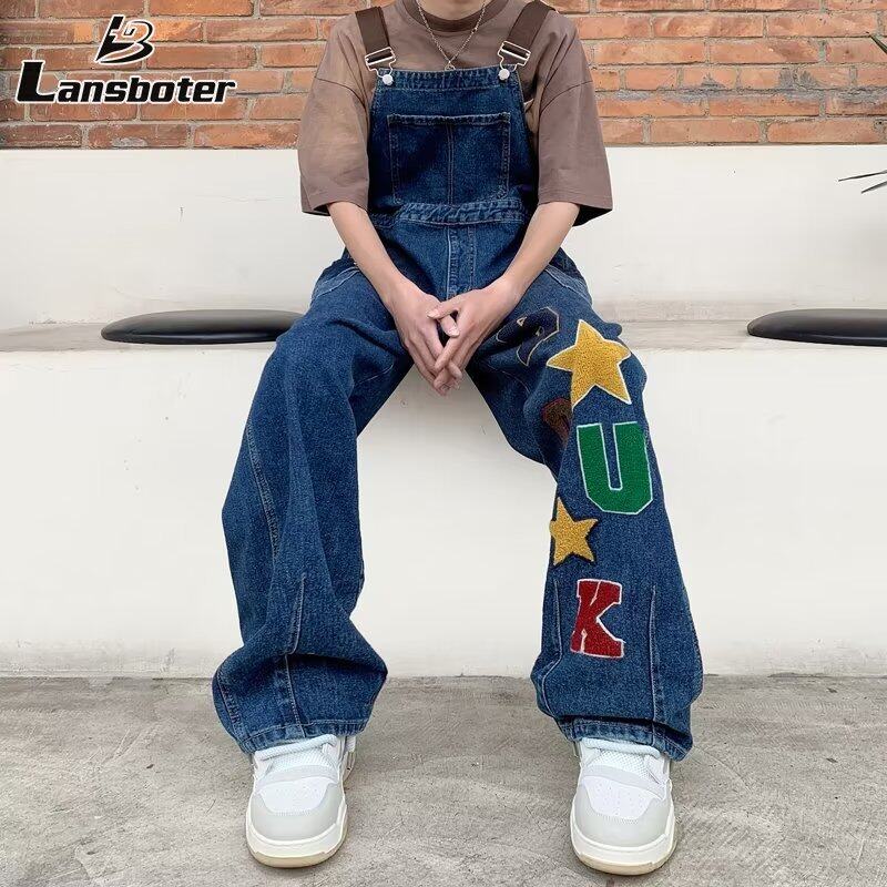 Lansboter Quần Yếm Denim thêu chữ Retro đường phố phong cách Ins thường ngày nam và nữ quần jean rộng dễ phối