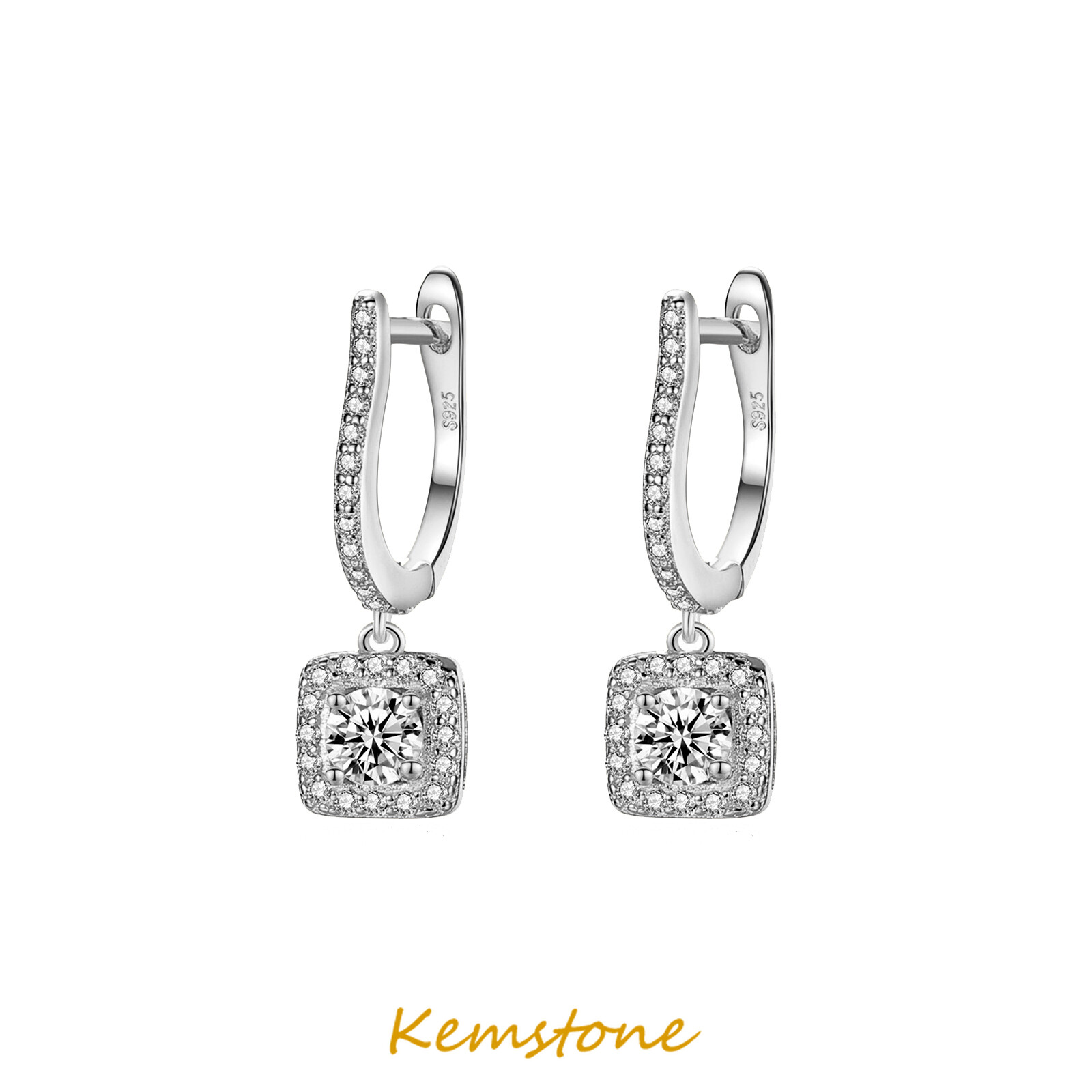 Khối lập phương pha lê bạc sterling 925 kemstone, bông tai dạng vòng thả màu vàng bạc quà tặng trang sức cho nữ