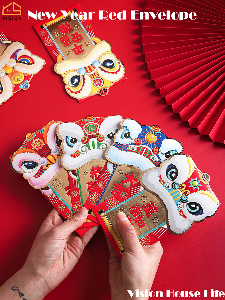 Vision 6Pcs Chinese New Year Red Packet Lion Dance Red Envelope Spring Festival CNY Red Envelope Lucky Money Hong Bao Childrens Lucky Bag for The Spring Festival