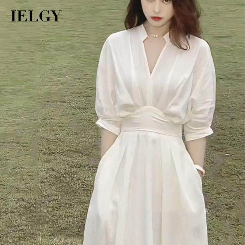 Ielgy đầm lửng cổ chữ v dáng ôm thiết kế độc đáo dễ phối đồ ôm eo cho nữ