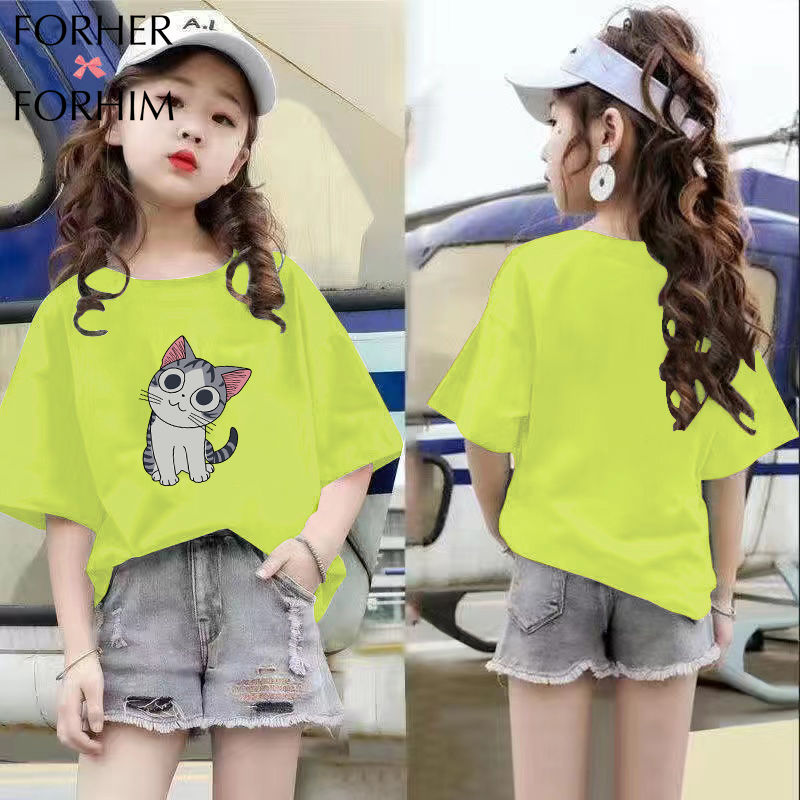 Forher forhim áo thun tay ngắn cho bé gái áo màu trắng tay nửa cổ tròn 5-11 thời trang mới mùa hè fh3153