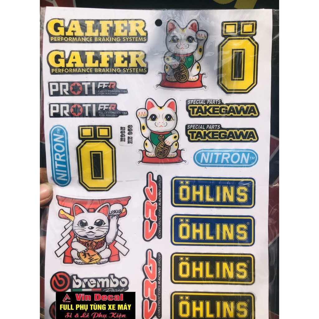 Tấm tem dán xe chữ galfer, con mèo may mắn,logo ohlins - dochoixemay
