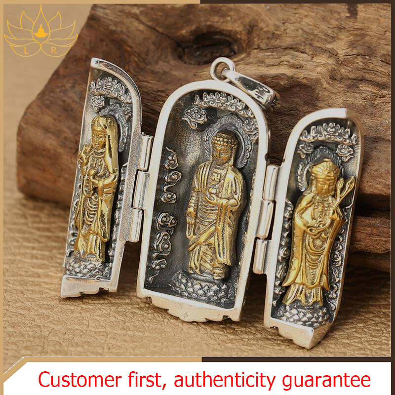 LR-Buddhist classic fashion can open Gawu box Western amulet necklace three holy amulet necklace s925 sterling silver Guanyin Buddha men and women necklace open light amulet necklace