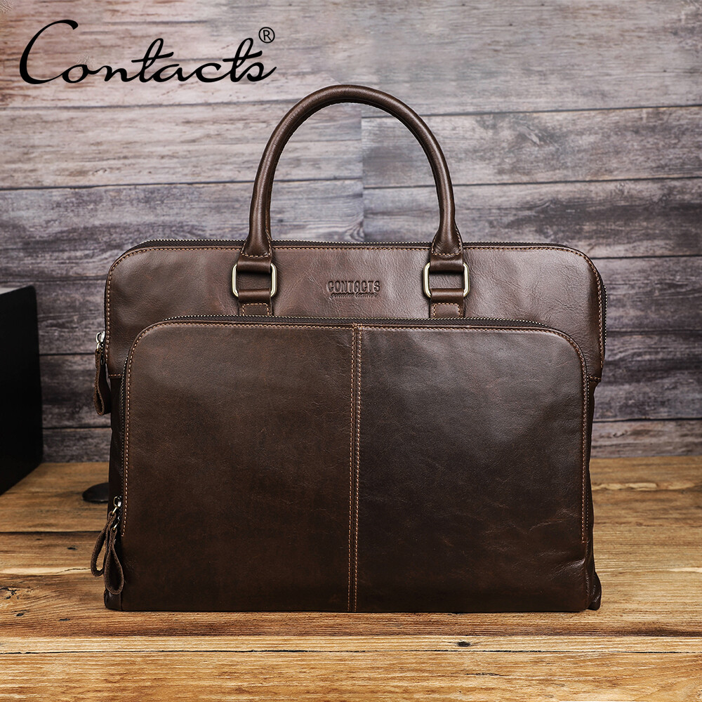 CONTACT'S Người Đàn Ông Kinh Doanh Máy Tính Xách Tay Túi Cặp Tài Liệu Da Thật 15 Inch Công Suất Lớn Túi Xách, Túi Đựng Máy Tính Xách Tay Bằng Da, Nam