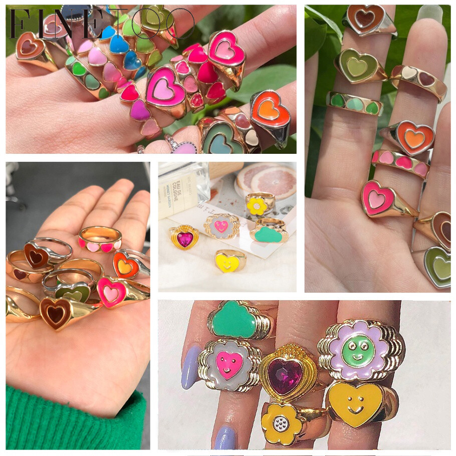 FINE TOO Nhẫn Vàng Cổ Điển Nhẫn Trái Tim Dễ Thương Nhiều Màu Sắc Trang Sức Nữ Điều Chỉnh Được Phụ Kiện Thời Trang