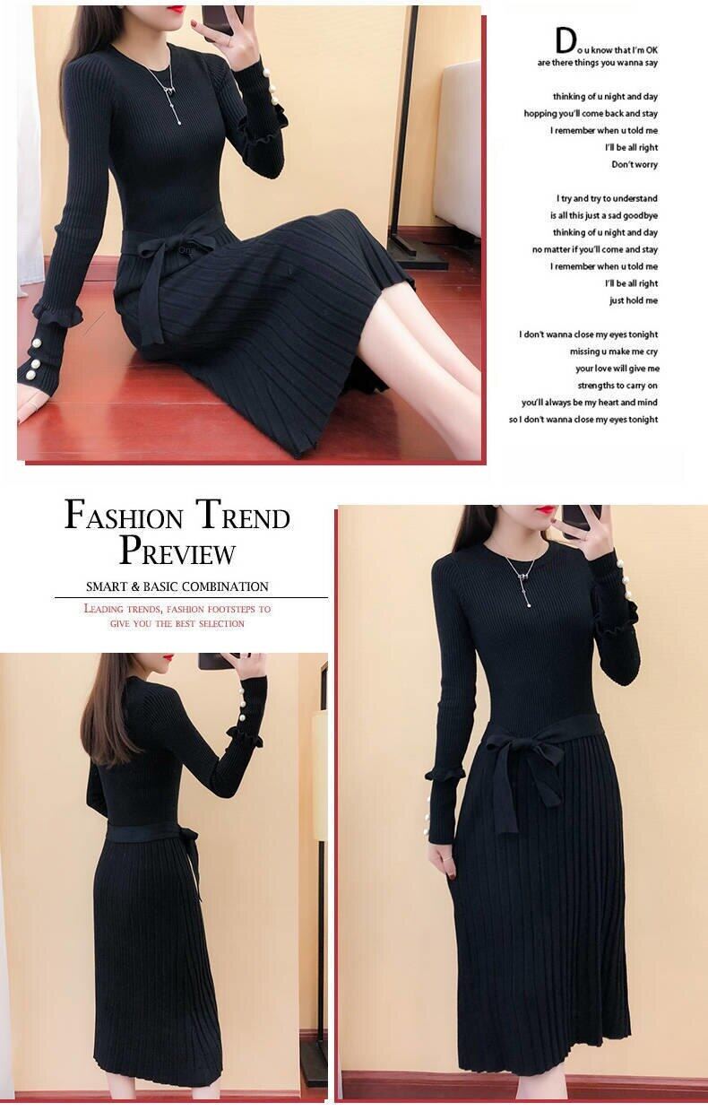 2020 spring new women's long knitted dress long sleeve sweater dress autumn and winter base wool skirt