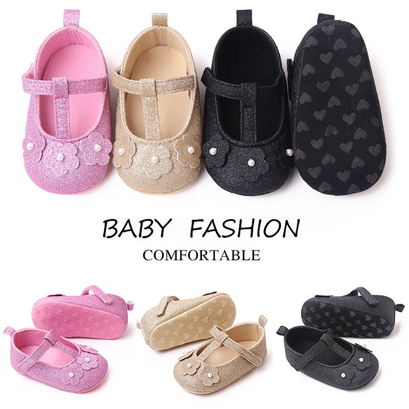 【Forever CY Baby】Baby Girls Flat Shoes, Soft Sole Shiny Flower Pearls Non-slip Indoor Outdoor Toddler Shoes