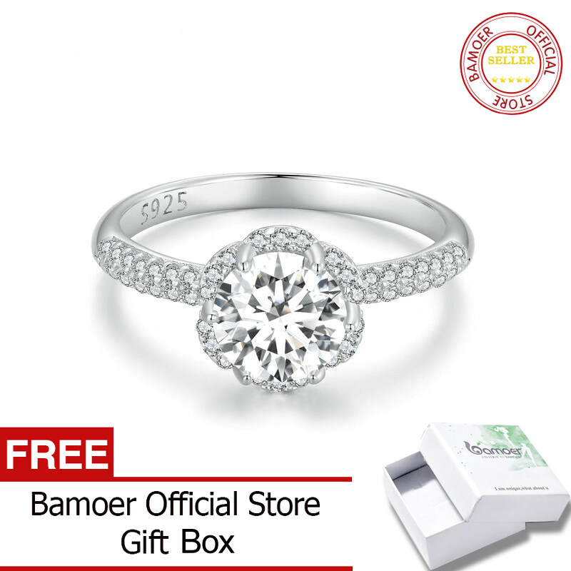 BAMOER Nhẫn Moissanite Tinh Tế VVS1 EX Màu D 1.0CT Nhẫn Đính Đá CZ Bạc Ý 925 Cho Nữ Quà Cưới Đính Hôn MSR017