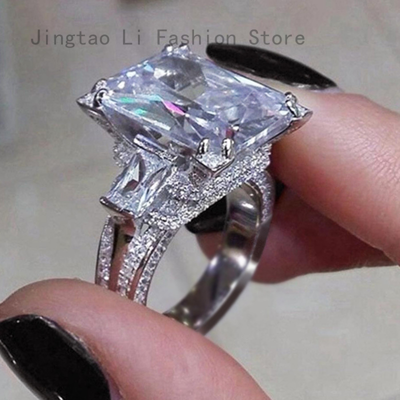 Jingtao li fashion store nhẫn cưới đính đá zircon pha lê hình vuông lớn lộng lẫy cho nữ, nhẫn dự tiệc đính hôn mạ bạc chất lượng cao